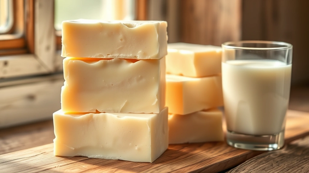 hero: beautiful stacked bars of creamy ivory goat milk soap with natural texture, fresh goat's milk in a glass beside them, warm natural window light, rustic wooden surface, no text