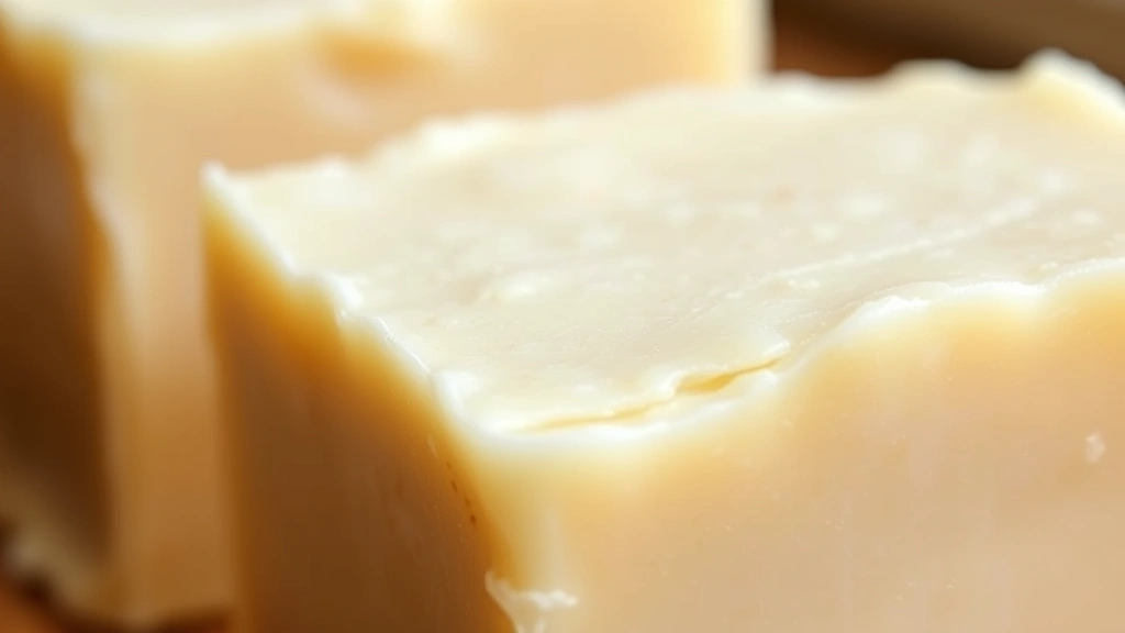 detail: close-up of finished goat milk soap bar texture, creamy ivory color, natural lather visible, spa aesthetic, soft natural light, no text