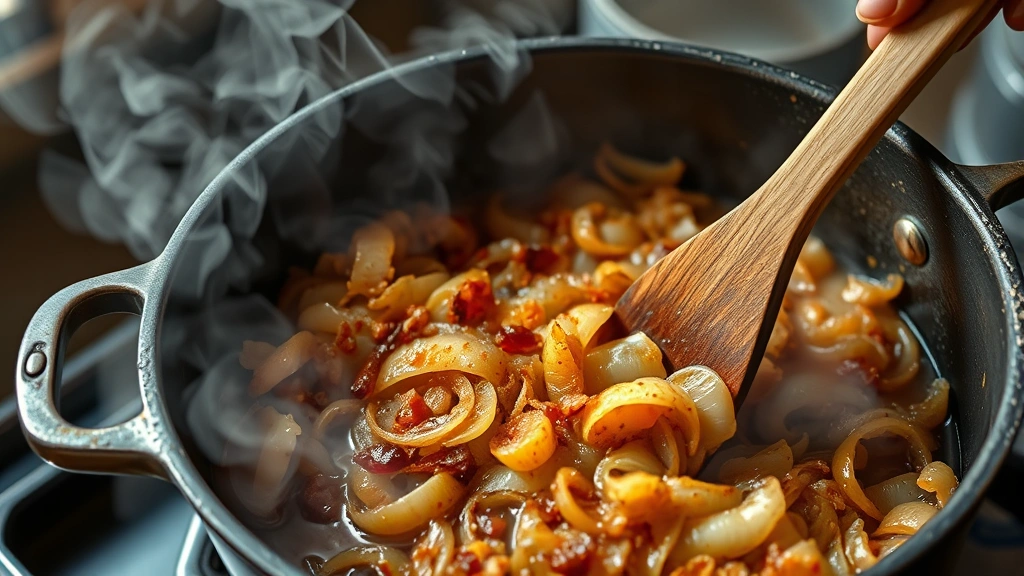 process: close-up of chef stirring golden caramelized onions and aromatic spices in a Dutch oven pot, fragrant steam rising, photorealistic, natural light, no text
