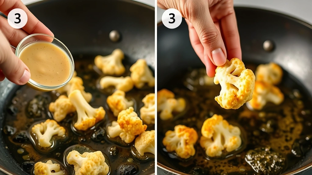 process: hand dipping cauliflower floret in batter, oil sizzling in wok, photorealistic, natural lighting, no text