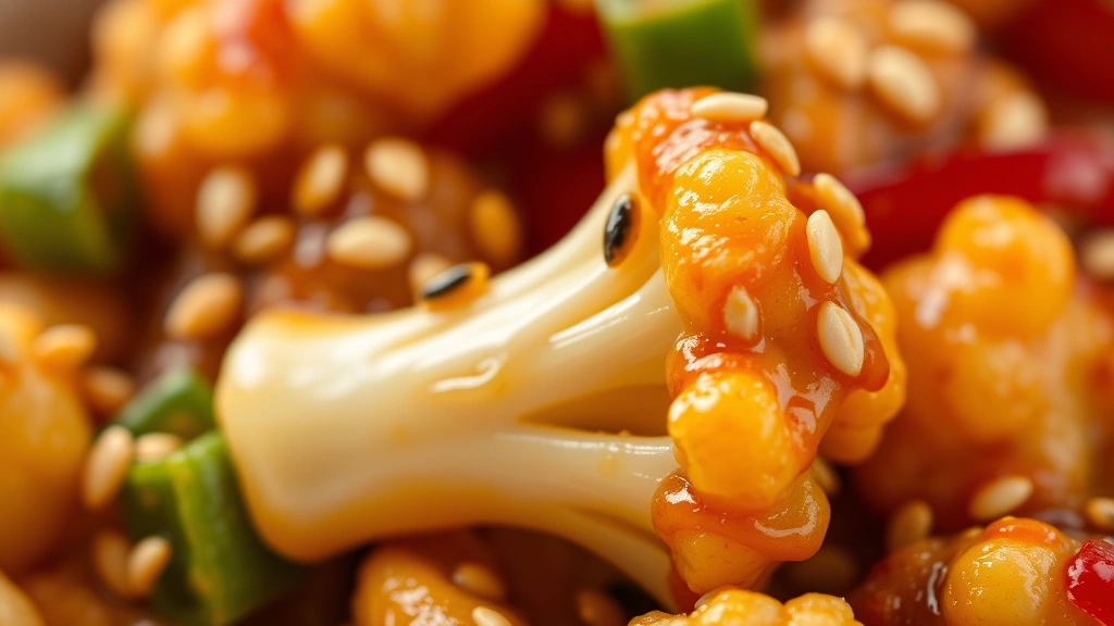 detail: close-up of single cauliflower floret coated in glossy manchurian sauce with sesame seeds, photorealistic, natural lighting, no text