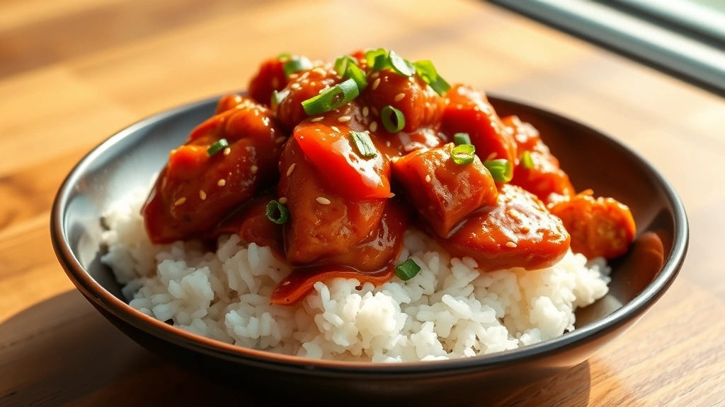 hero: gochujang chicken with glossy sauce garnished with sesame seeds and green onions served over white rice, photorealistic, natural sunlight from side window, wooden table background, no text or watermarks