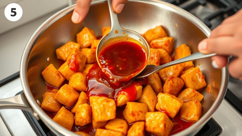 process: hands stirring gochujang sauce into golden-brown chicken pieces in a stainless steel skillet, photorealistic, bright kitchen lighting, no text or watermarks