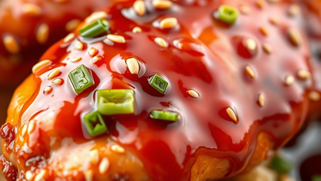 detail: close-up of glazed chicken piece with thick sauce clinging to it, sesame seeds and green onion garnish visible, photorealistic macro photography, natural light, no text or watermarks