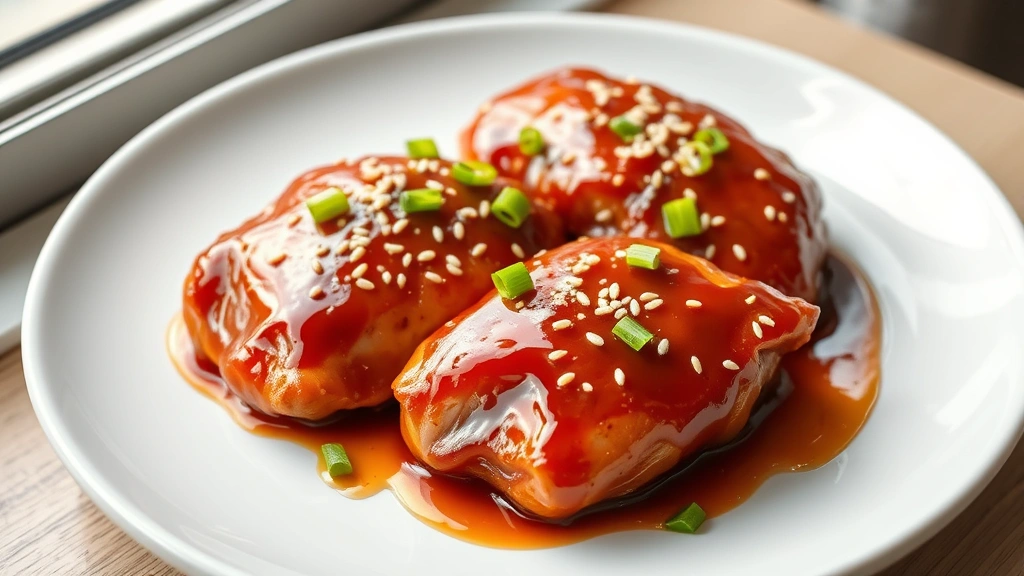 hero: glazed gochujang chicken breasts on white plate with sesame seeds and green onions, photorealistic, natural window light, no text, food styling