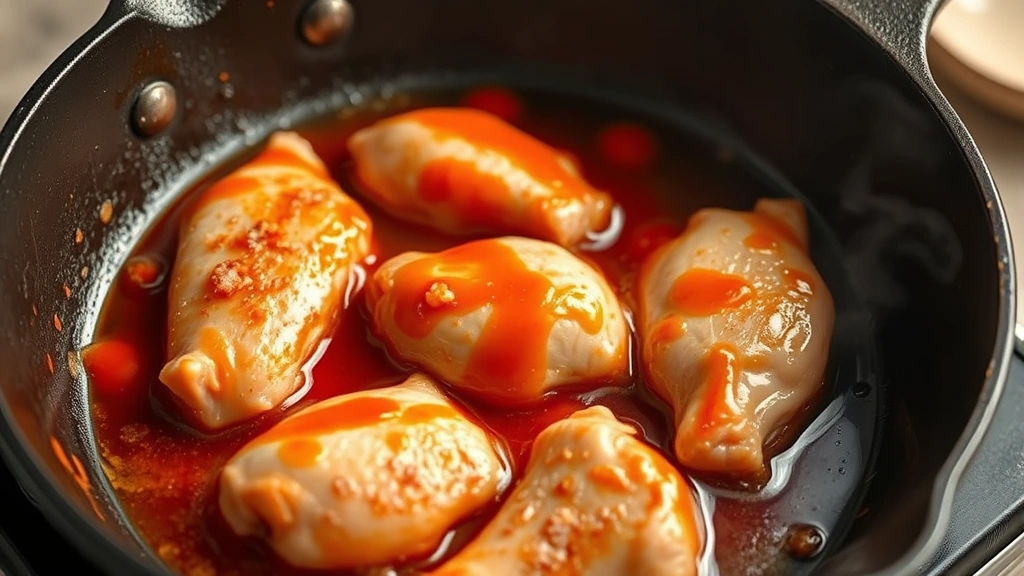 process: chicken sizzling in cast iron skillet with red gochujang sauce bubbling, photorealistic, natural light, no text, action shot