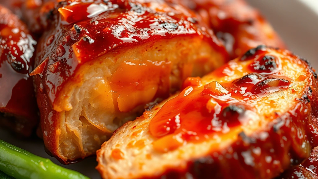 detail: close-up of sliced gochujang chicken showing juicy interior and caramelized glaze, photorealistic, natural light, no text, macro photography