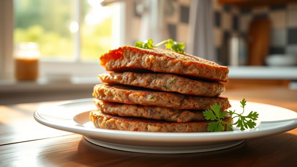 hero: golden-brown sliced goetta stacked on a white plate, steam rising, garnished with fresh parsley, morning sunlight streaming through kitchen window, photorealistic, no text, shallow depth of field