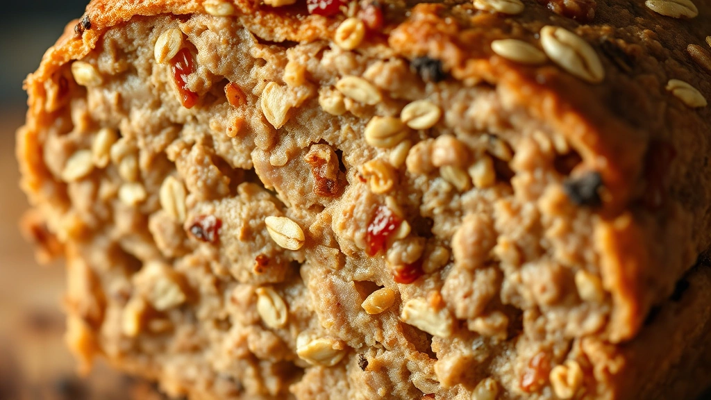 detail: close-up macro shot of cross-section of cooked goetta showing meat and oat texture, golden exterior, photorealistic, warm daylight, no text