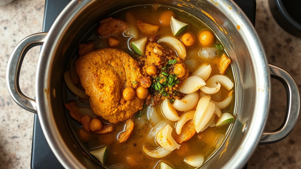 process: cooking golden curry paste and aromatics in pot, onions translucent, garlic and ginger aromatic, oil shimmering, photorealistic, natural kitchen light, no text