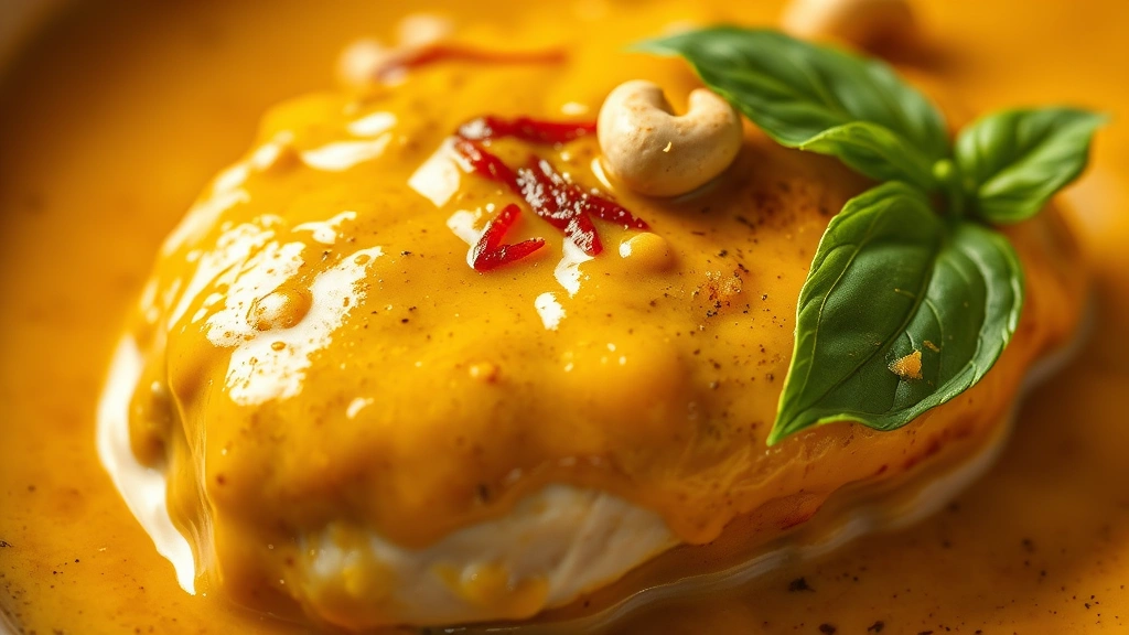 detail: close-up of golden curry sauce coating chicken piece, coconut milk creamy texture, fresh basil leaf, cashew garnish, warm golden color, photorealistic, shallow depth of field, natural light, no text
