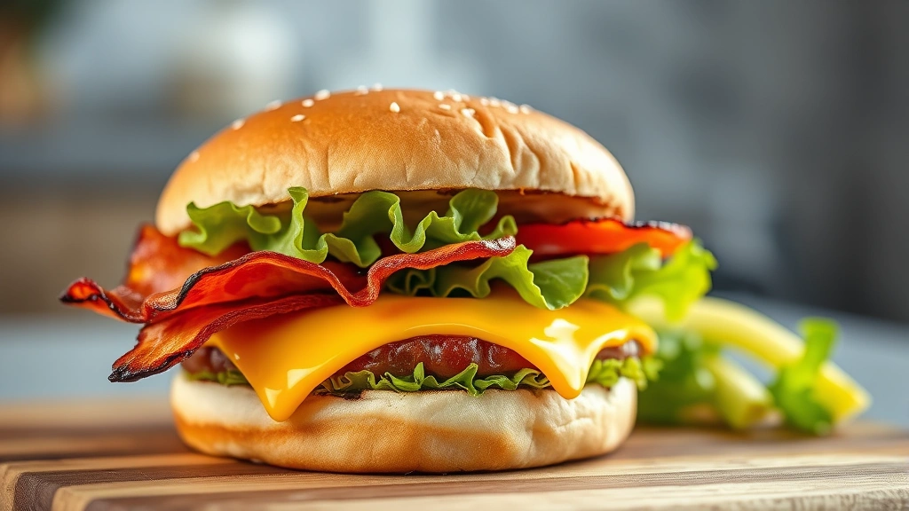 hero: perfectly grilled cheeseburger with melted cheese, crispy bacon, fresh lettuce and tomato on toasted bun, grill marks visible, photorealistic, natural daylight, no text