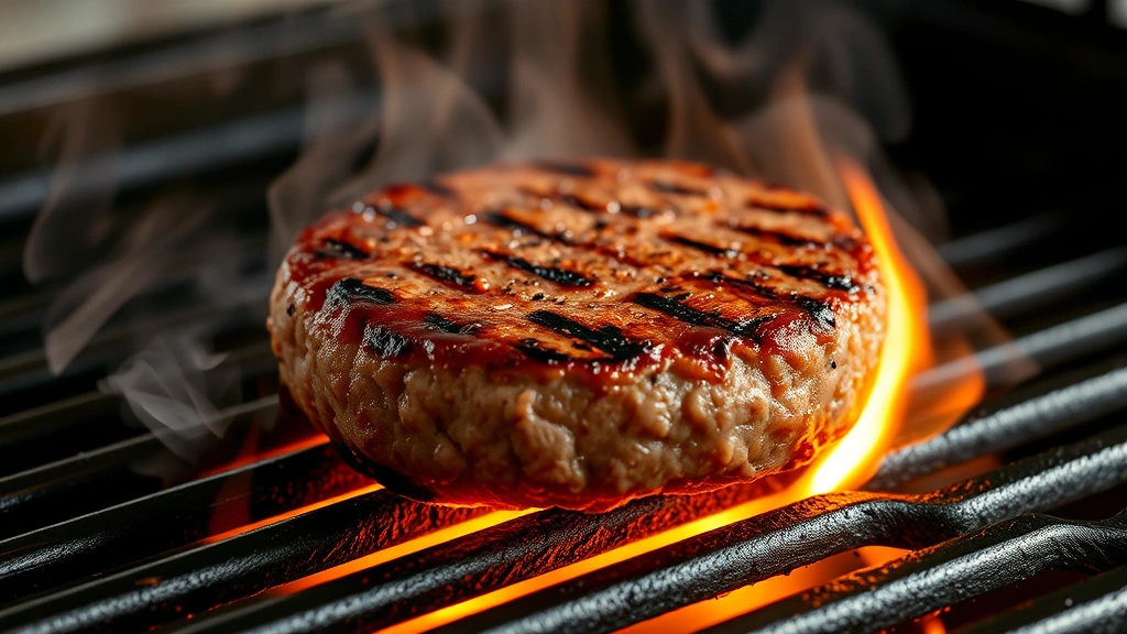 process: burger patty sizzling on hot grill with visible char and crust formation, steam rising, photorealistic, natural lighting, no text