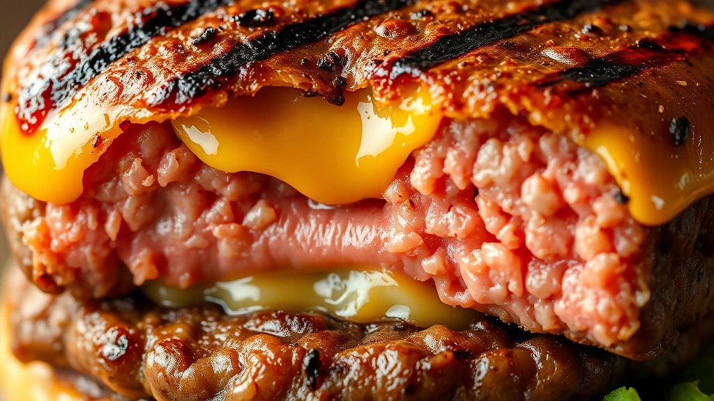 detail: close-up of juicy burger patty with melted cheese and grill marks, cross-section showing pink center, photorealistic, natural light, no text