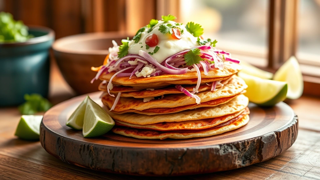 hero: finished gorditas stacked on a rustic wooden plate, topped with shredded cabbage, crema, queso fresco, and fresh cilantro, lime wedges nearby, warm natural window light, vibrant colors, Mexican style presentation, no text