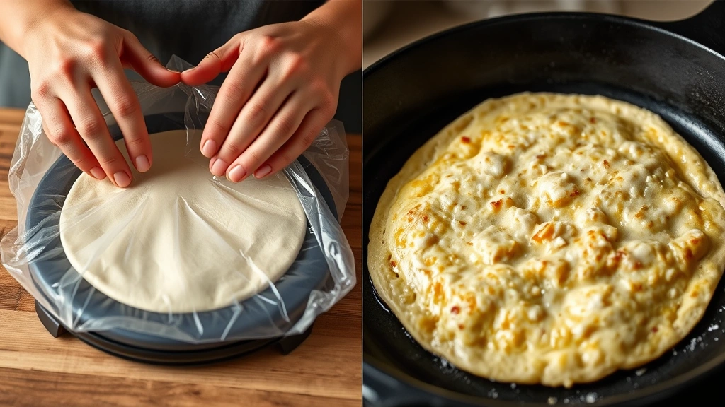 process: hands pressing masa dough between plastic wrap with a tortilla press, golden-cooked gordita cooking on a cast iron skillet with visible steam, natural kitchen lighting, close-up perspective, no text