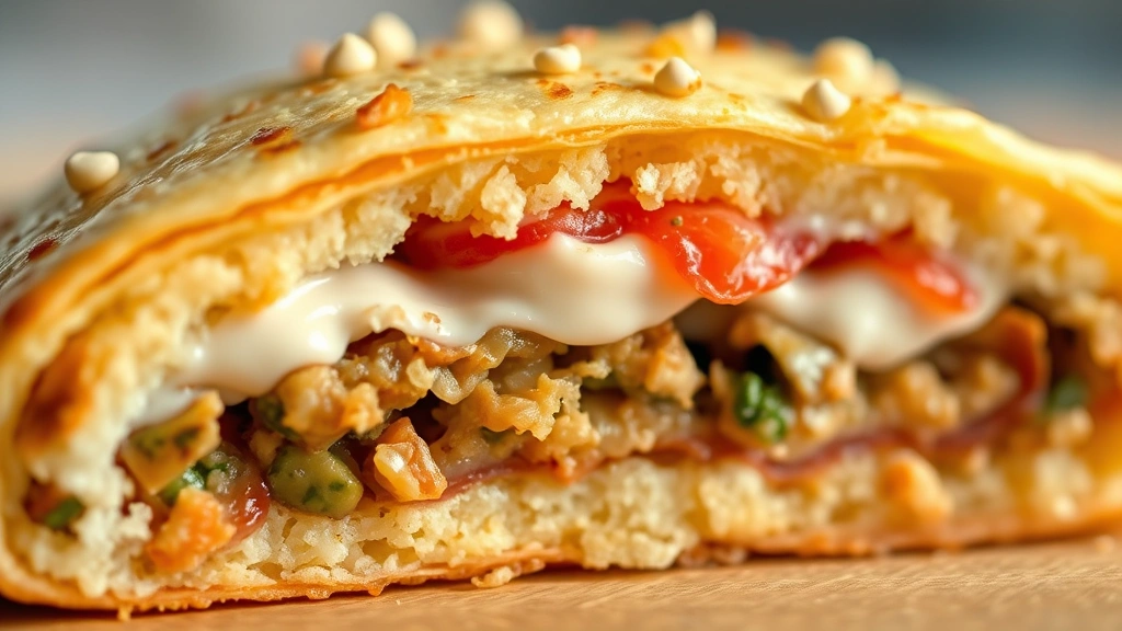 detail: close-up cross-section of a stuffed gordita showing the fluffy masa interior and layers of filling with creamy toppings, shallow depth of field, warm natural light highlighting the textures, no text