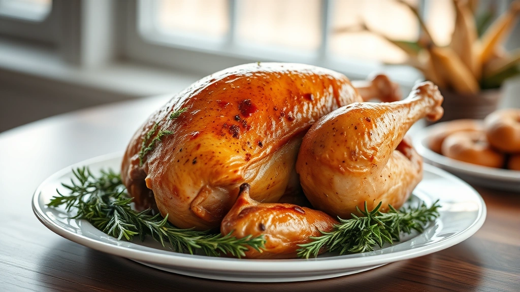 hero: perfectly roasted golden-brown turkey on white platter, fresh thyme and rosemary garnish, dramatic natural window lighting, shallow depth of field, photorealistic, no text