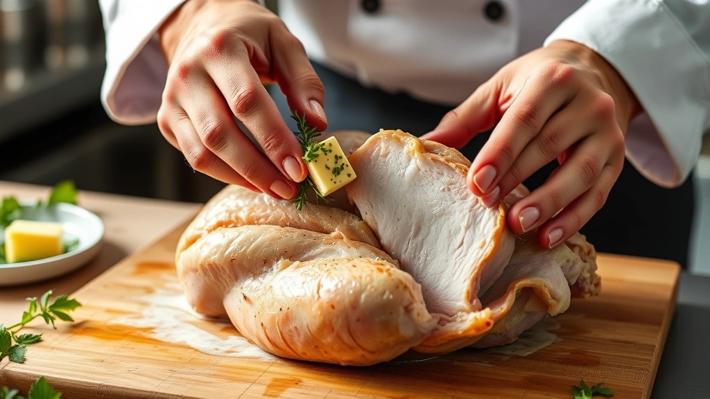 process: chef's hands placing herb butter under turkey skin, close-up action shot, natural kitchen lighting, photorealistic, no text