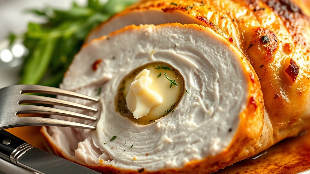 detail: cross-section of carved moist turkey breast with herb butter visible, steam rising, fork and knife beside, golden exterior crispy skin, photorealistic, no text