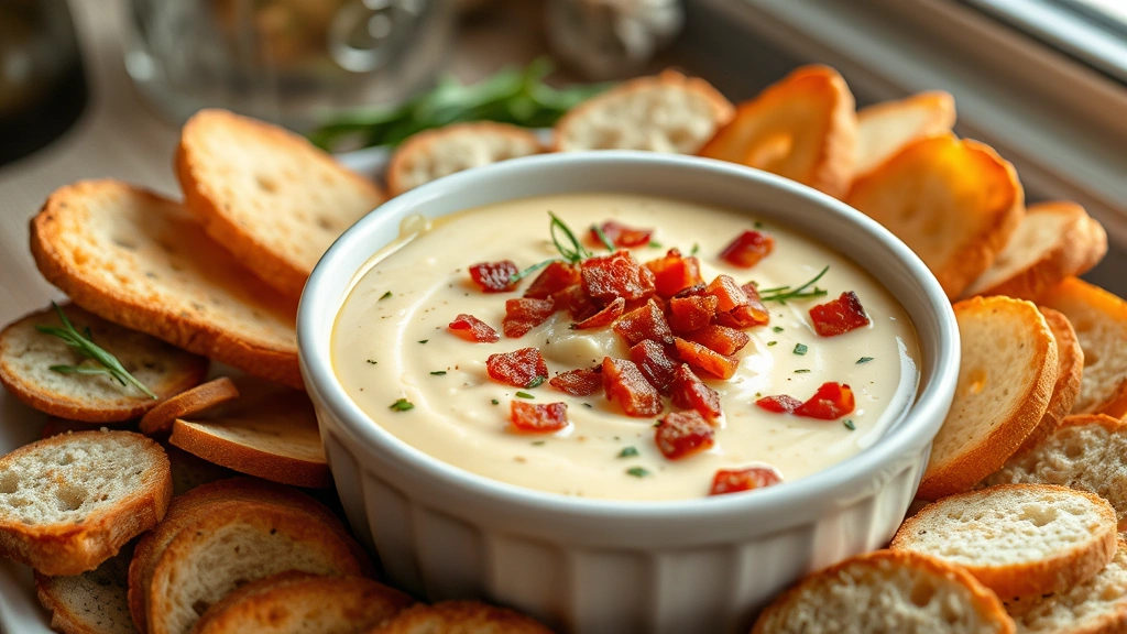 hero: creamy Gouda cheese dip in white ceramic bowl, garnished with crispy bacon bits and fresh green herbs, surrounded by crusty bread slices and crackers, warm steam rising, natural window light, professional food photography