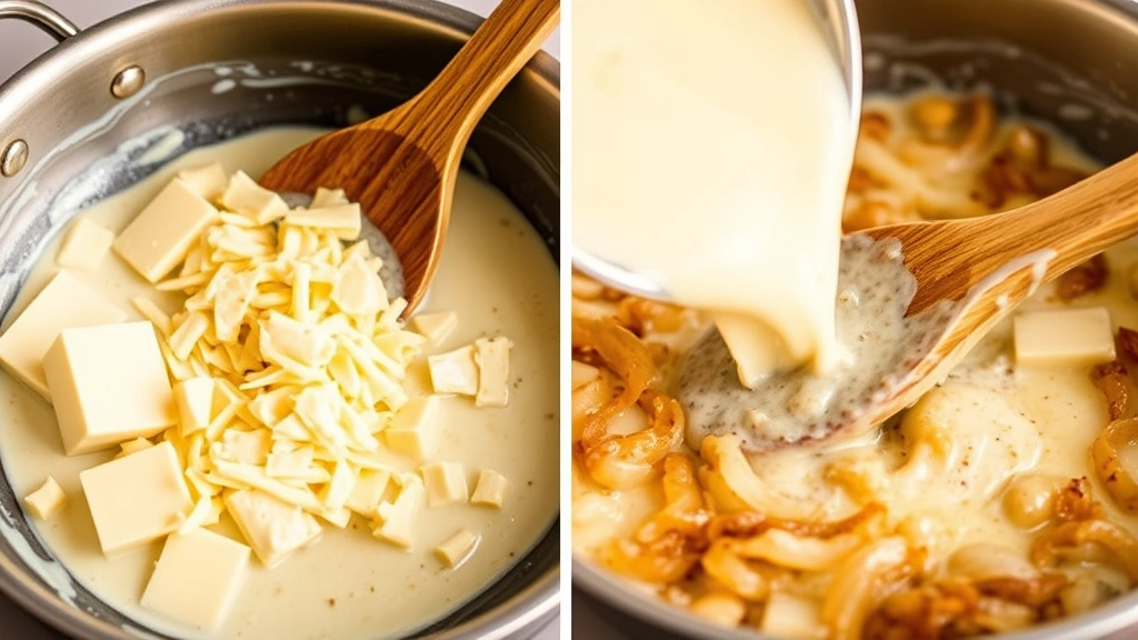 process: melted Gouda cheese being stirred in skillet with cream sauce, wooden spoon mixing, golden caramelized onions visible, soft golden lighting, shallow depth of field