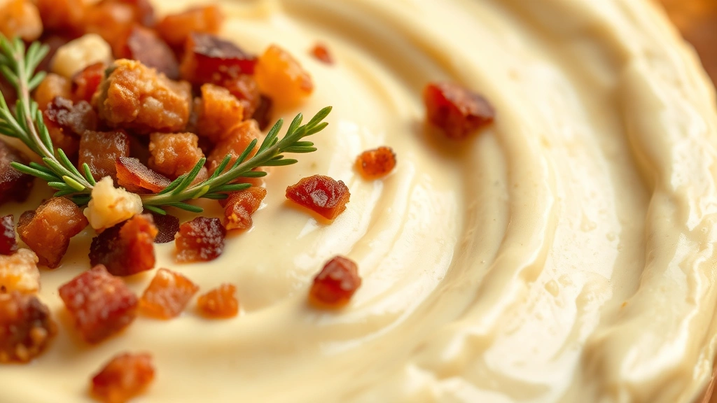 detail: close-up of smooth creamy Gouda dip texture with bacon crumbles and fresh thyme garnish on top, creamy swirl texture visible, bright natural light, macro photography style