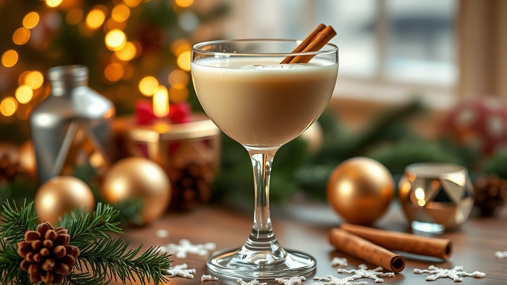 hero: Goya coquito in elegant glassware with cinnamon stick garnish, creamy pale golden color, holiday backdrop with warm lighting, festive decoration, photorealistic, natural light, no text