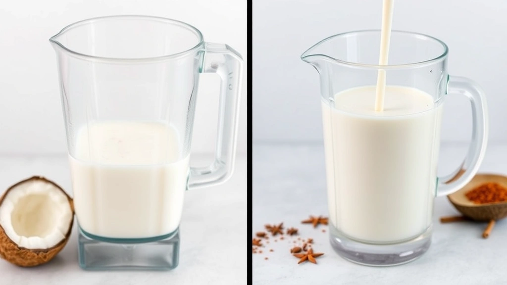 process: blending cream of coconut and evaporated milk in large blender, pouring smooth mixture into pitcher, spices visible, photorealistic, natural light, no text