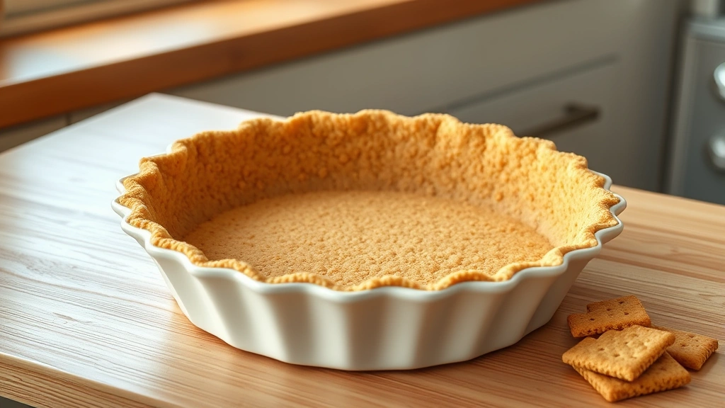 hero: Golden baked graham cracker crust in a ceramic pie pan, fresh from the oven, sitting on a wooden countertop with soft window light, garnished with a few whole graham crackers nearby, photorealistic, natural light, no text