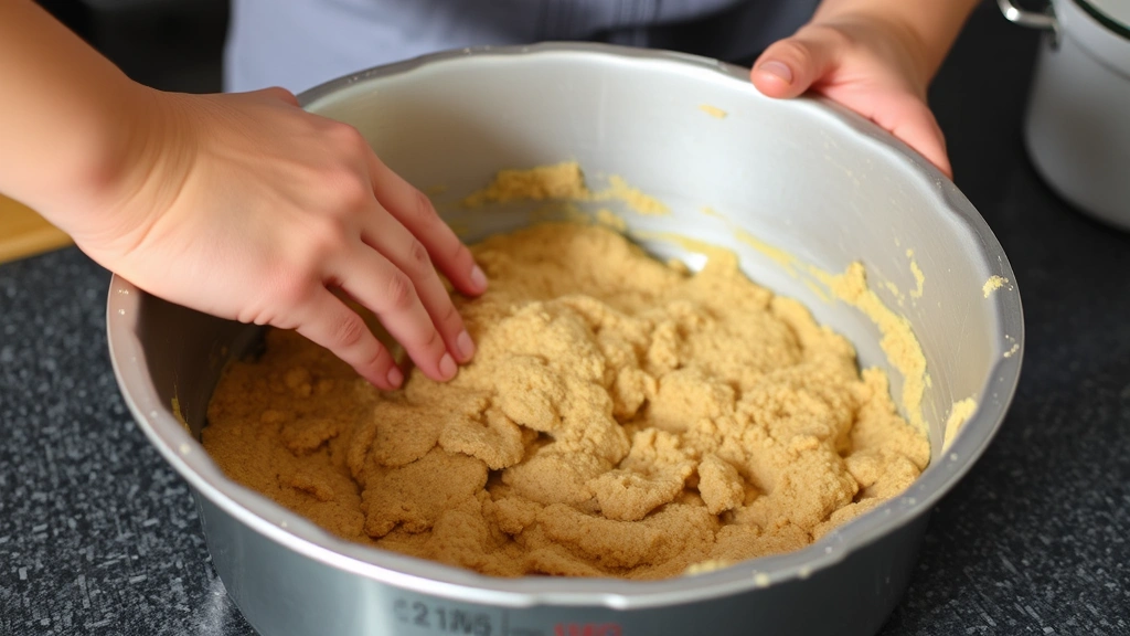 process: hands pressing graham cracker mixture into springform pan with measuring cup bottom, action shot, natural kitchen lighting