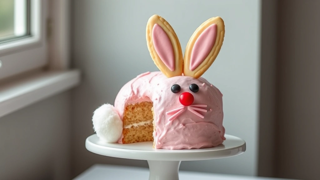 hero: adorable Easter Bunny Cake with pink frosting, cookie ears, licorice eyes, red nose, white pom-pom tail, on white cake stand, natural window light, shallow depth of field