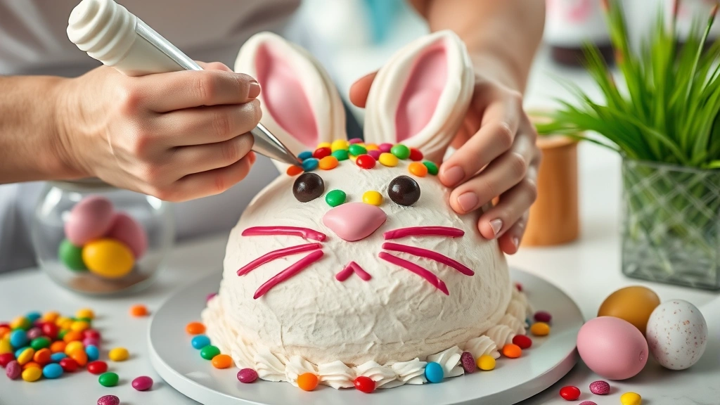 process: hands decorating bunny cake face with candies and frosting, piping bag with white frosting, colorful Easter decorations nearby, bright kitchen lighting, close-up action shot