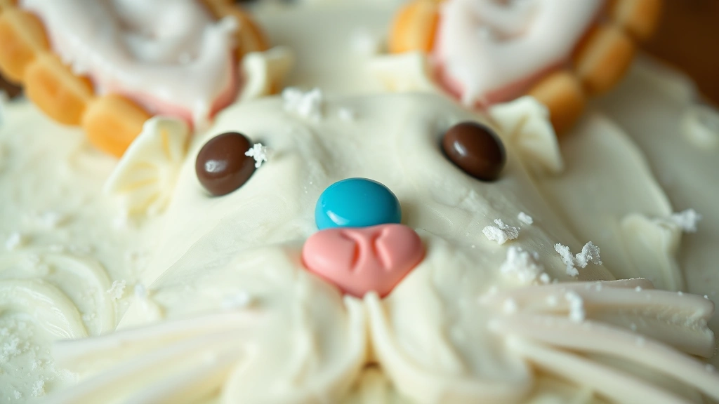 detail: close-up of completed bunny face on cake showing texture of frosting, cookie ears, candy details, sprinkled coconut, soft natural light, macro photography