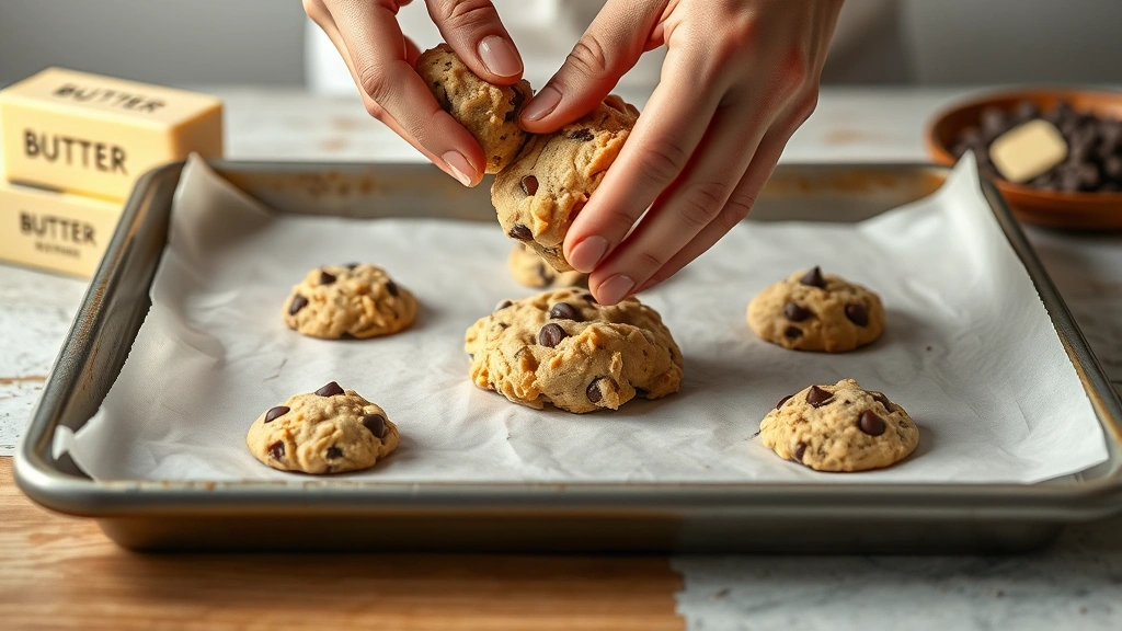 process: hands dropping cookie dough onto parchment-lined baking sheet, butter and chocolate chips visible, photorealistic, natural kitchen lighting, no text
