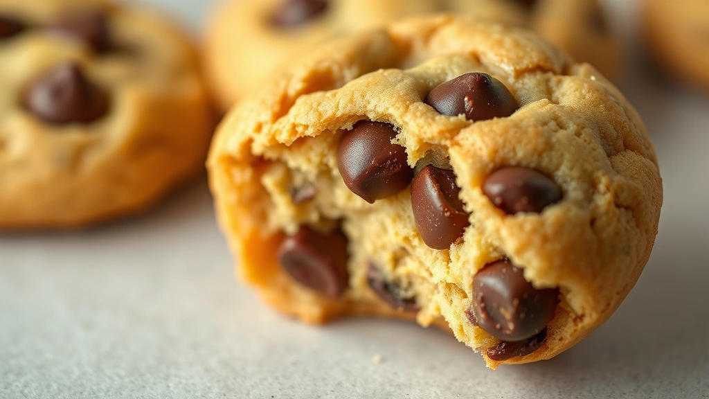 detail: close-up of single cookie showing crispy golden edge and chewy chocolate chip center cross-section, photorealistic, warm natural light, no text
