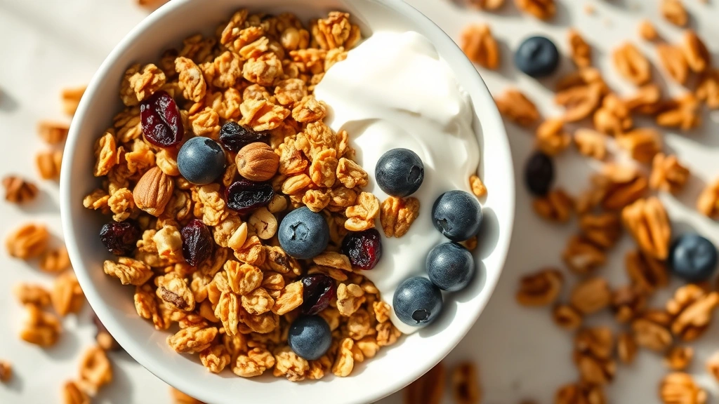 hero: overhead shot of golden homemade granola with dried cranberries and blueberries in a white bowl with fresh yogurt on the side, bright natural morning light, scattered nuts around the bowl, no text or watermarks