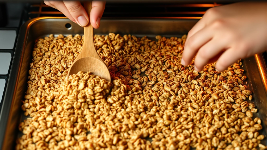 process: hands stirring granola mixture on baking sheet with wooden spoon, golden granola halfway through baking, warm natural oven light, close enough to see texture, no text