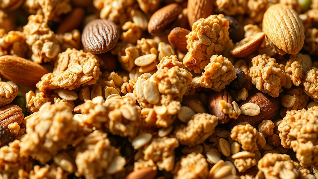 detail: extreme close-up macro shot of granola clusters showing oats, almonds, sunflower seeds, and dried fruit texture, natural diffused light highlighting golden brown color, shallow depth of field, no text