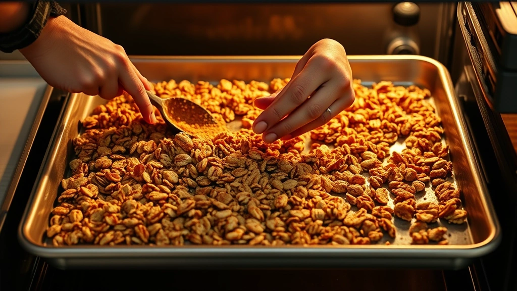 process: hands stirring granola mixture on baking sheet in oven, golden-brown toasted granola, natural kitchen light, photorealistic, no text
