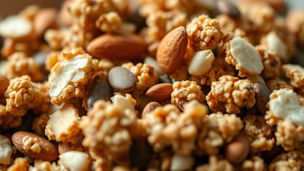 detail: close-up of crunchy granola clusters with almonds, coconut, and seeds, shallow depth of field, natural light, photorealistic, no text