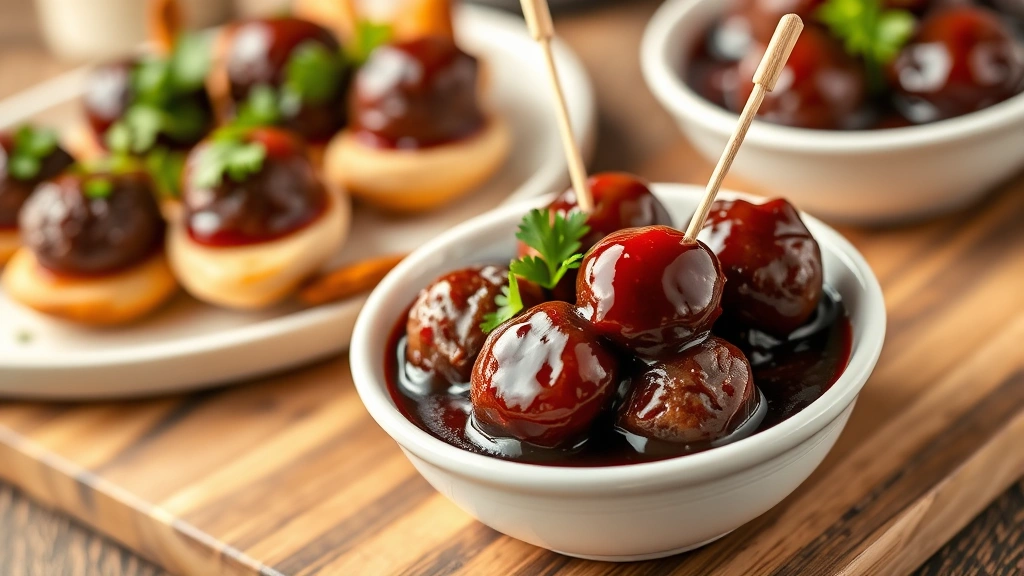 hero: glossy grape jelly meatballs in rich burgundy sauce served in white ceramic bowl with toothpicks, garnished with fresh parsley, warm golden lighting, wooden table background, appetizer spread