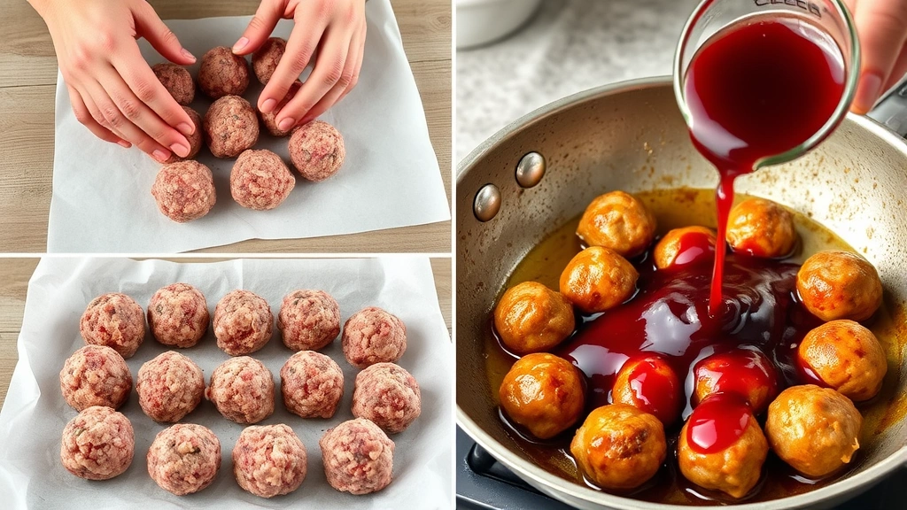 process: hands gently rolling raw meatball mixture, raw meatballs on parchment paper, browning meatballs in skillet with golden crust, pouring grape jelly sauce over meatballs, natural kitchen lighting