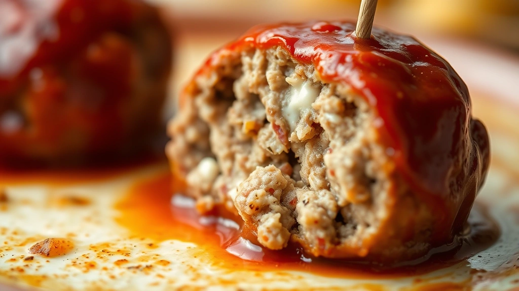 detail: close-up of single meatball cut in half showing tender interior, glossy sauce coating, toothpick inserted, creamy mozzarella texture visible, shallow depth of field, warm lighting