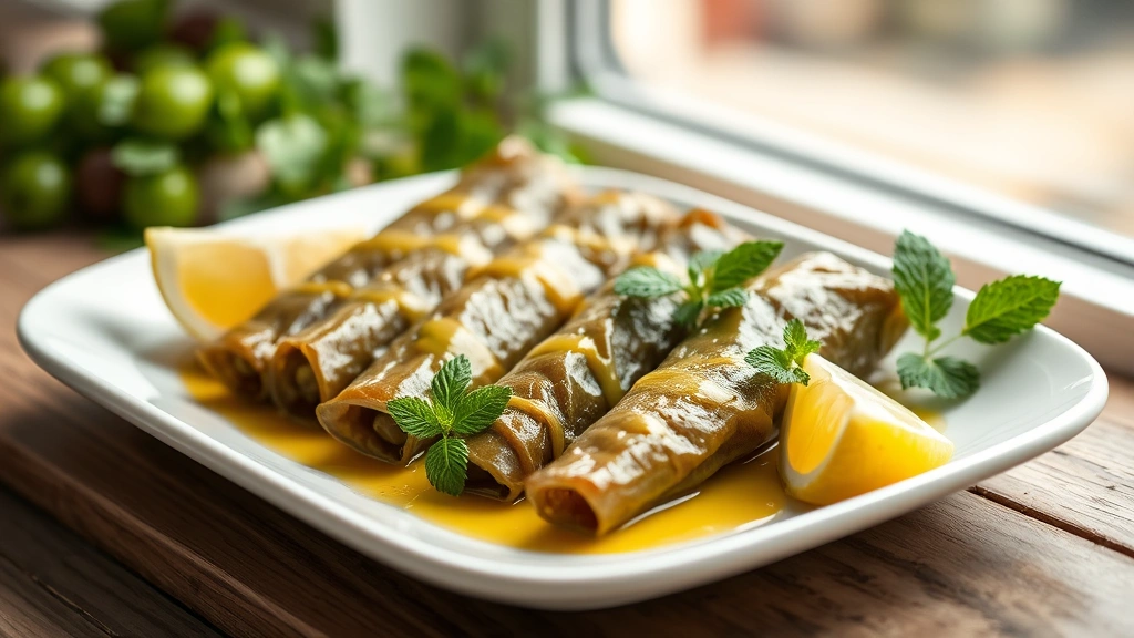 hero: beautifully plated grape leaves dolmas on white ceramic plate, drizzled with olive oil and fresh lemon wedges beside them, fresh mint garnish, Mediterranean setting, soft natural window light, shallow depth of field, food photography, appetizing presentation