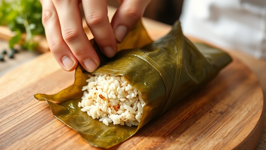 process: hands carefully rolling grape leaves around rice filling, showing the folding technique, close-up action shot of the rolling motion, natural daylight, Mediterranean herbs visible in background, authentic cooking moment
