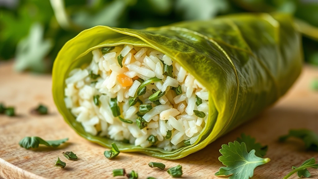 detail: extreme close-up macro shot of a single perfectly rolled grape leaf, cross-section visible showing the fluffy rice and herb filling inside the tender green leaf, fresh herbs scattered around, natural light highlighting the texture and colors, appetizing detail shot