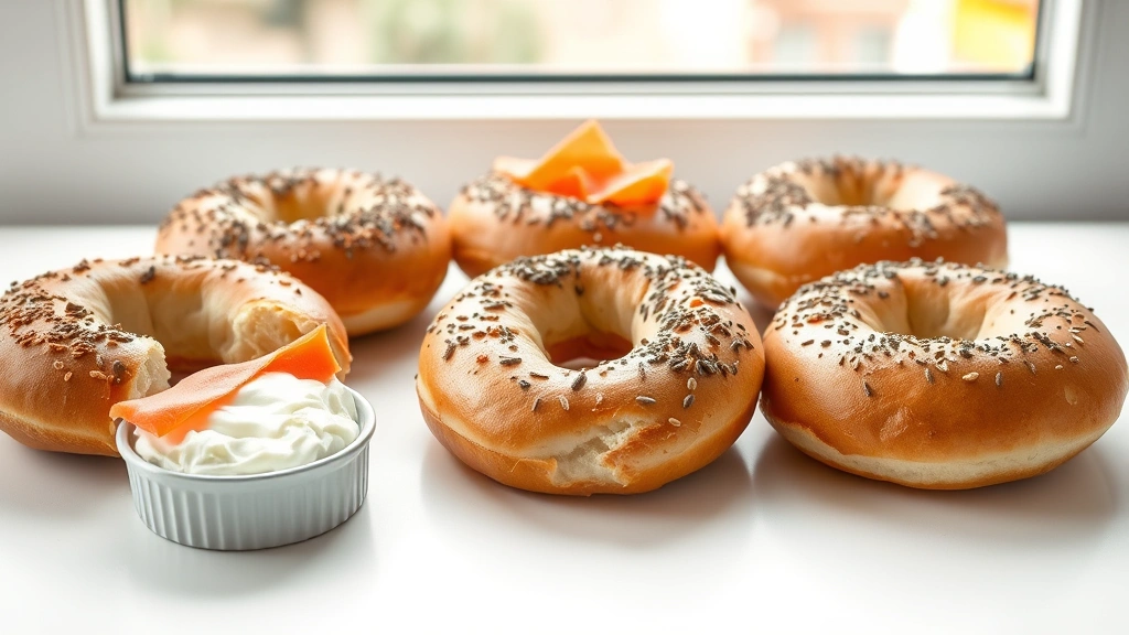 hero: Six fresh baked golden brown bagels with everything seasoning on white surface with cream cheese and lox, photorealistic, natural window light, no text