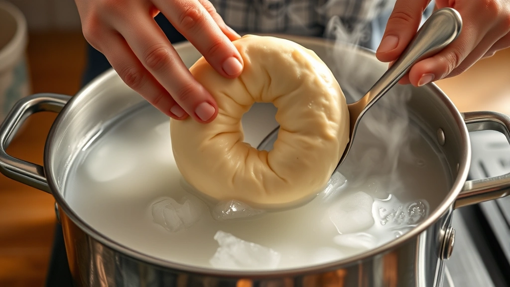 process: Hands placing bagel dough into boiling water in large pot with slotted spoon, steam rising, photorealistic, natural kitchen light, no text