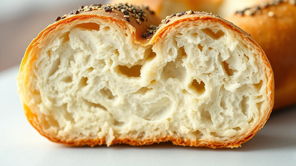 detail: Close-up cross-section of sliced Greek yogurt bagel showing chewy interior texture and dense crumb structure, photorealistic, natural light, no text